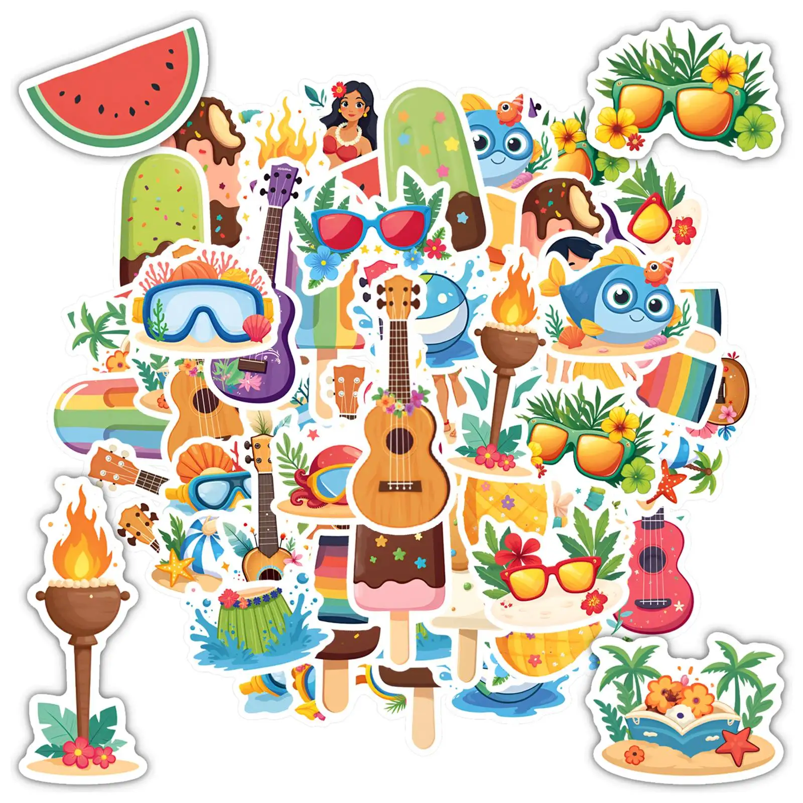 

35 шт.-50 шт., забавные летние наклейки, мультяшные музыкальные канцелярские наклейки, ПВХ наклейка для телефона «сделай сам», ноутбука, скрапбукинга, велосипеда, гитары, ноутбука