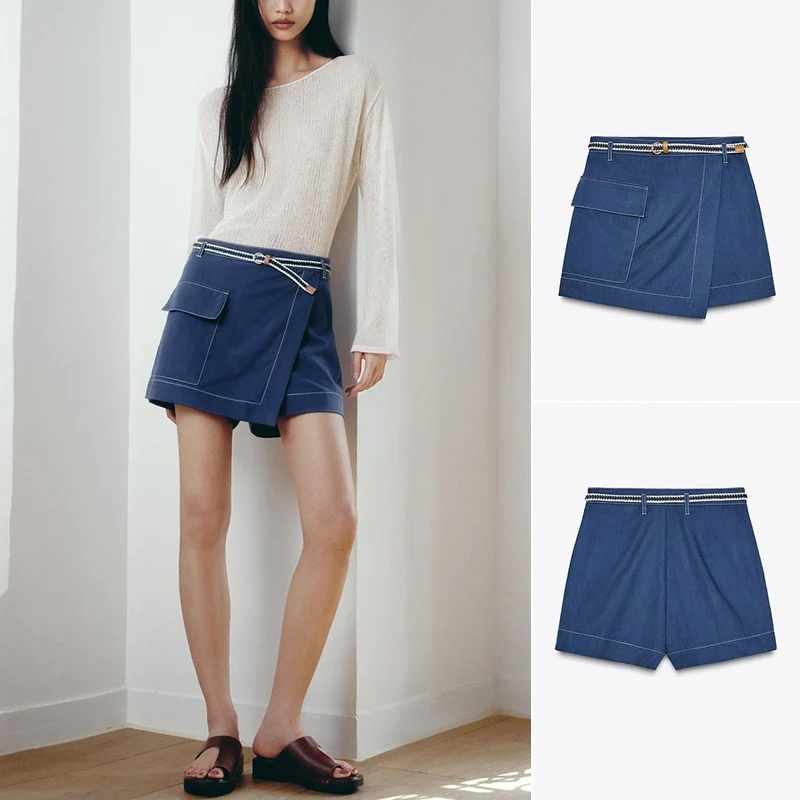 

Summer Women's High Waist Double Breasted Embroidery Decorative Belted ort Skirt Casual Commute Sle A-Line Polyester Fiber