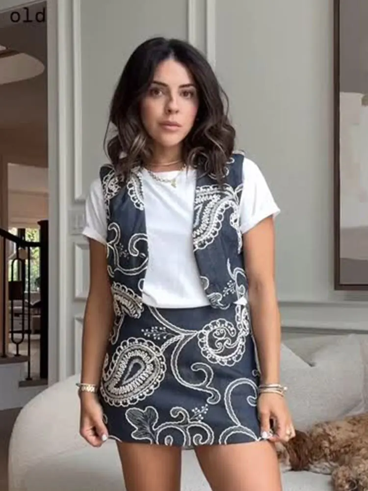 

HH женский летний модный темно-синий костюм с вышивкой, однобортный укороченный жилет без рукавов с v-образным вырезом, топ + брюки-кюлоты трапециевидной формы с высокой талией