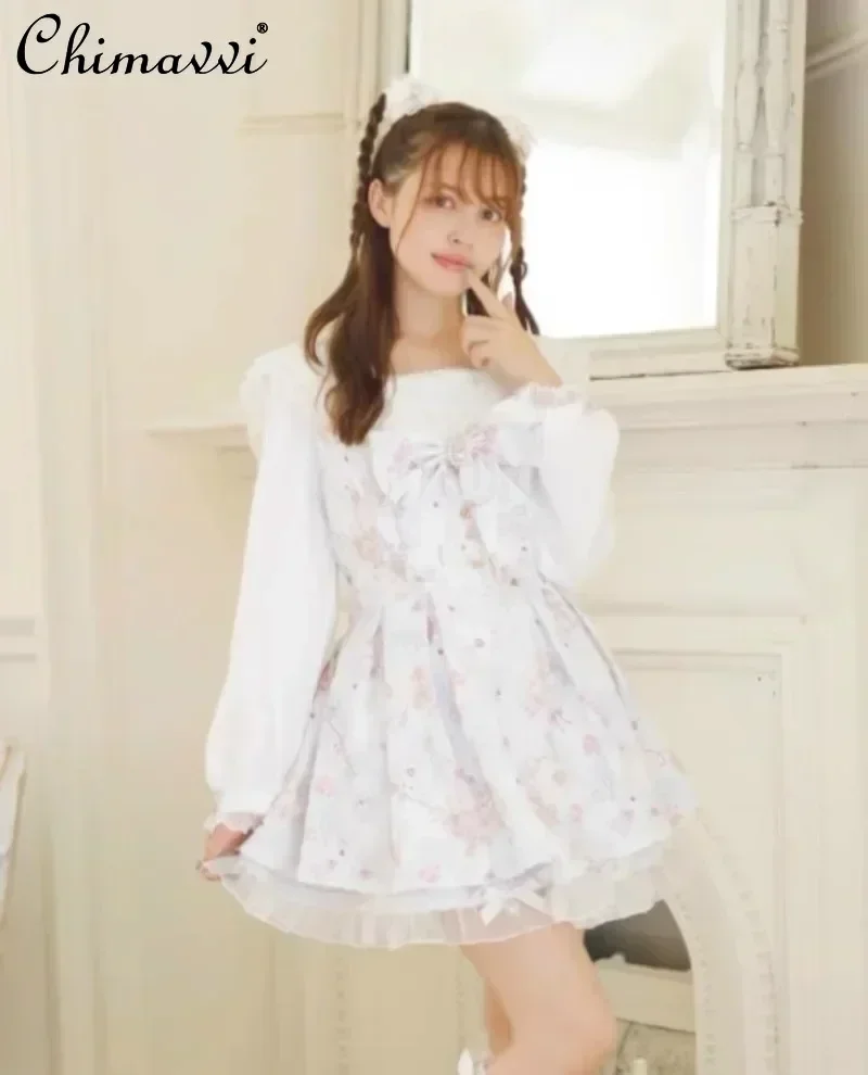 Liz Japanese Mine Dress Set 2025 Spring New Sweet and Cute Bow Bear Long Sleeve Lolita Dress Top and Shorts Kawaii Two-piece Set