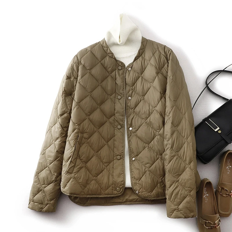 New All Match Loose and Fashionable Diamond Patterned Cotton Jacket for Autumn and Winter Standing Collar Warm Jacket for Women