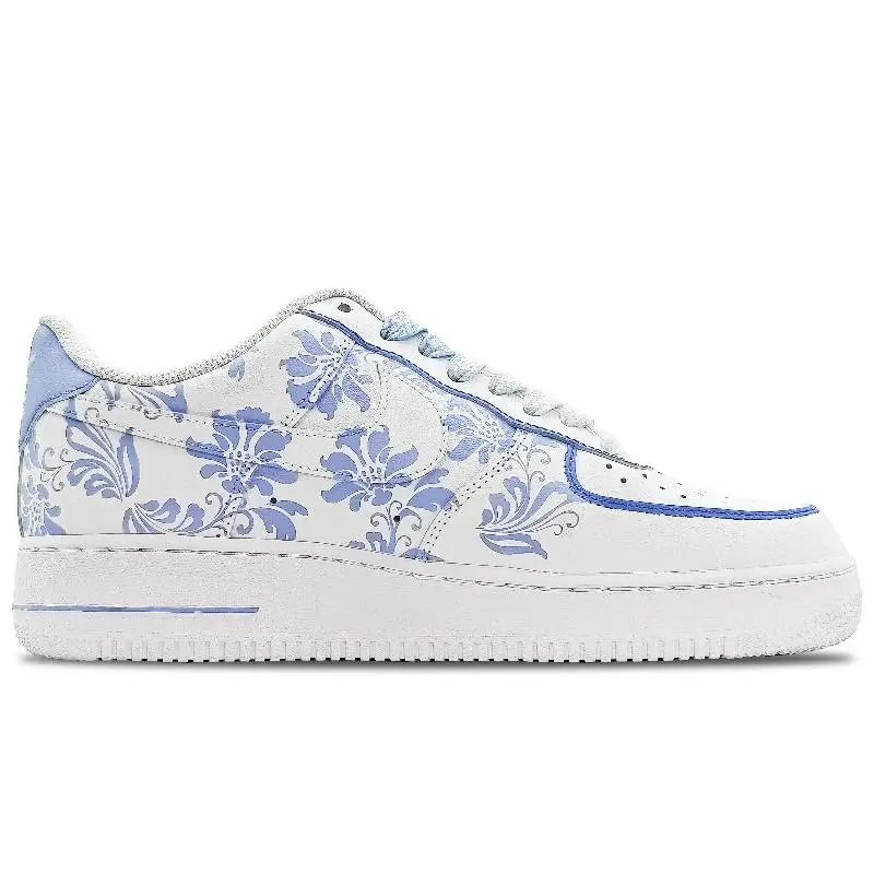 [الخزف الأزرق والأبيض المخصص باللونين الأزرق والأرجواني والأبيض] حذاء Nike Air Force 1 Low Low-Top Skateboard للرجال باللون الأزرق والأرجواني Wh