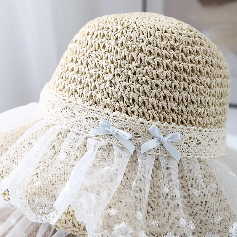 Cappello da pescatore Cappello estivo da donna Cappello da sole in paglia con fiocco in pizzo Cappello da pescatore Protezione solare a tesa larga Accessori da spiaggia per le vacanze al mare