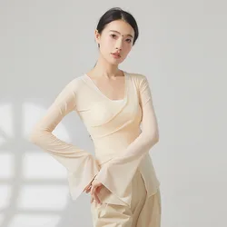 Gauze Dance Top Horn Long Sleeve Women Elegant See Through Shirt Sexy V Neck Classical Chinese Folk Dancer Practice Clothes 2024