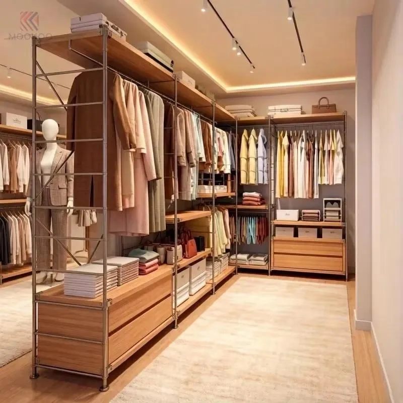 Commercial Grade Rotary Open Wardrobe System Stainless Steel Clothing Display Stand Metal Rack Modern Modular Walk In Clothes