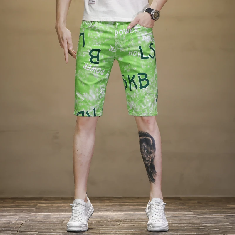 Summer Thin in Green Stretch Personality Printed Middle Pants Men's Slim Fit Fashion Straight Casual Cropped Beach Pants
