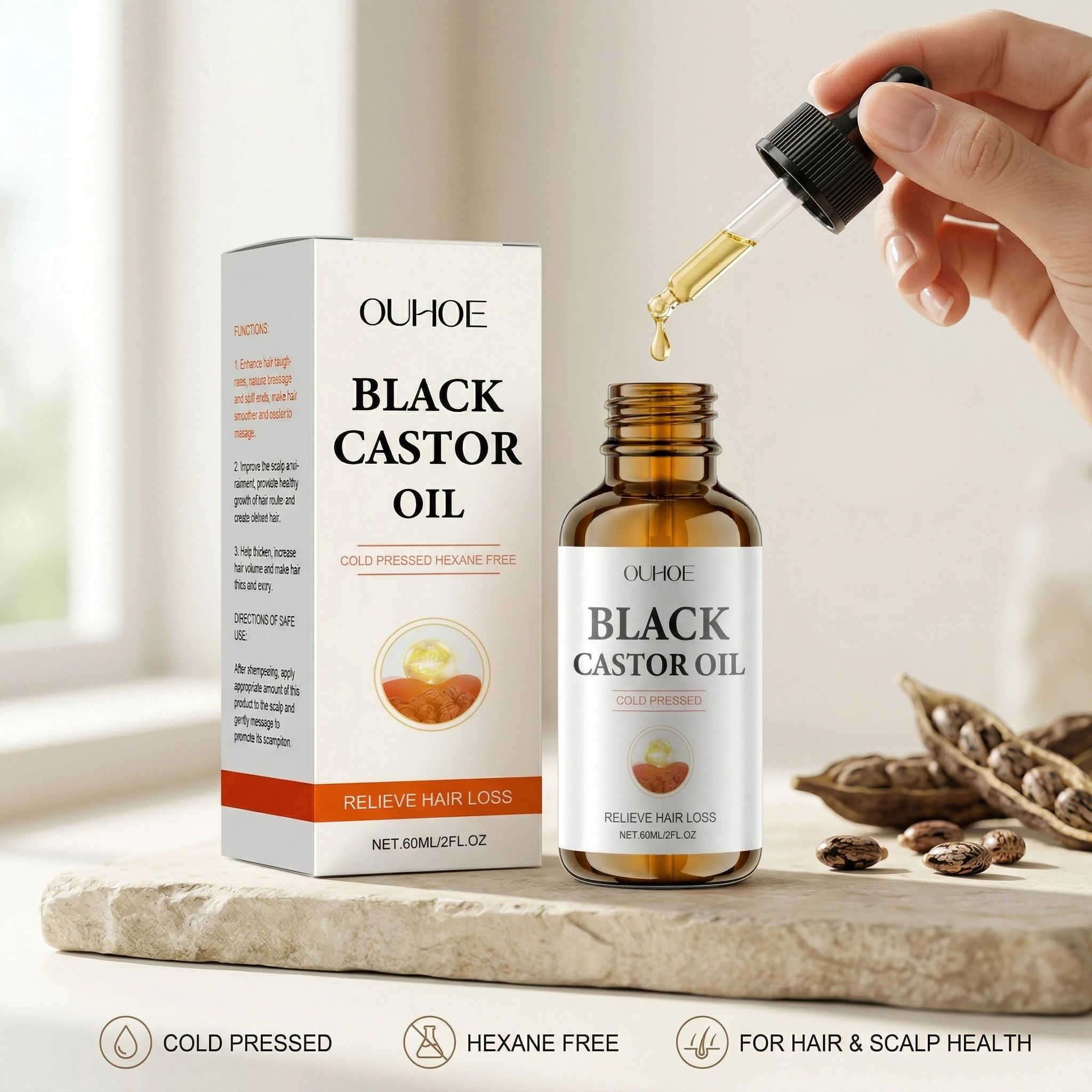 

60 мл Черное касторовое масло для ухода за волосами: увлажняющее, глубоко питающее, укрепляющее корни волос, придающее объем и разглаживающее