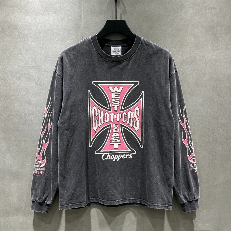 Red Cross Graphic West Coast Choppers Long Sleeve T Shirt Men Women Flame Printed Sleeved T-shrit High Quality Loose Tops Tee