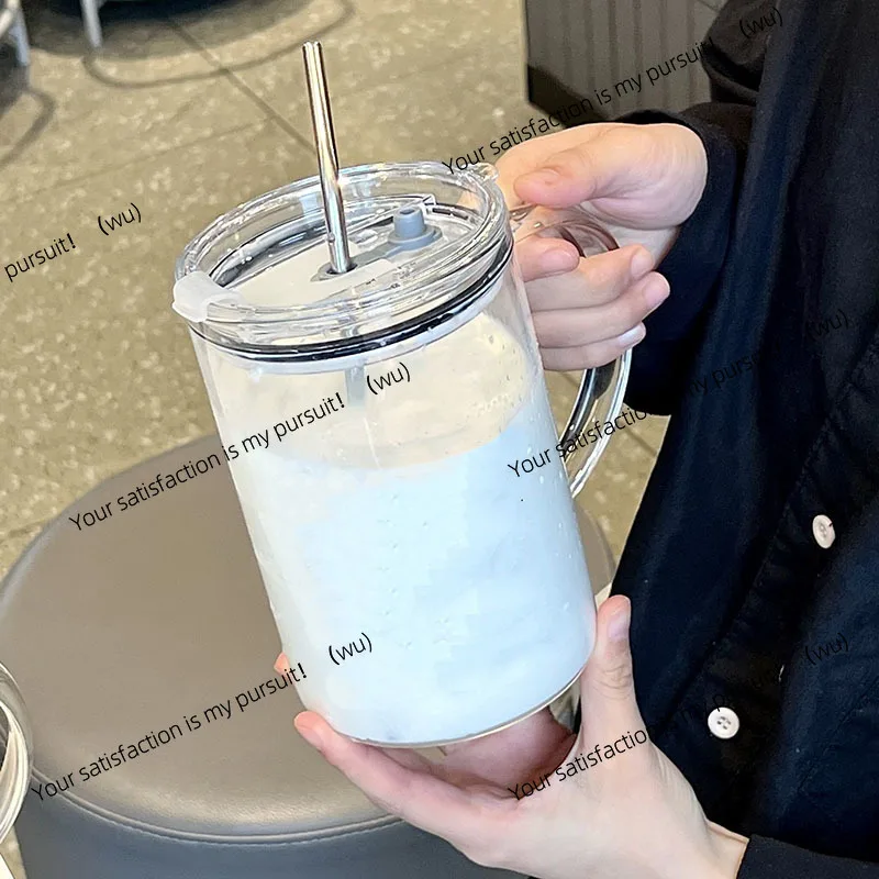 ​​1000ml Large Capacity Glass Tumbler with Lid & Straw - Graduated Markings, Leakproof Design for Iced Coffee & Cold Beverages