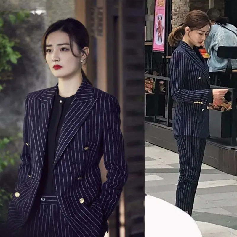 Feminino gracioso casual blazer calças compridas 2 peça conjunto coreano elegante listra botão casaco de cintura alta roupa jaqueta de trabalho