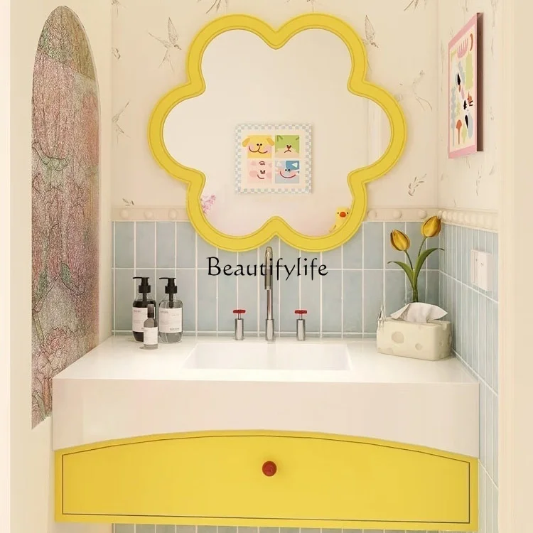 خزانة حمام فرنسية، طلاء خشبي من المطاط الصلب الوردي، حوض غسيل بلاطة صخرية بدون خياطة