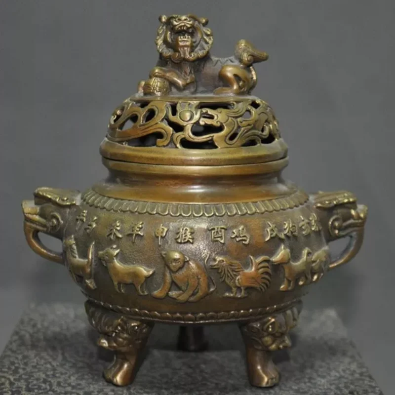 

China Old Bronze Chinese Zodiac Signs Lion Foo dog Dragon Incense Burner censer