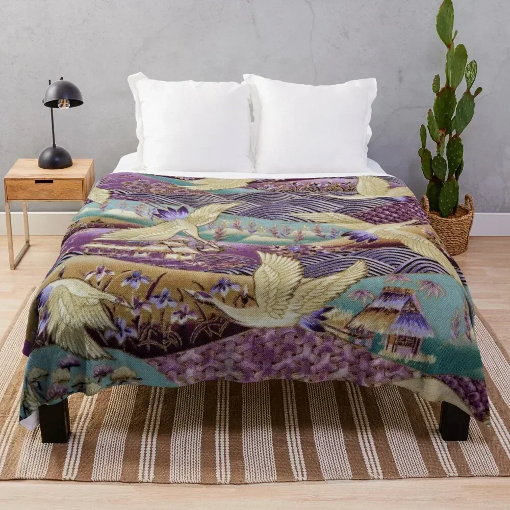 

Japanese Crane kimono style embroidered pattern Throw Blanket Anti Shedding Soft Fuzzy Blanket for Home