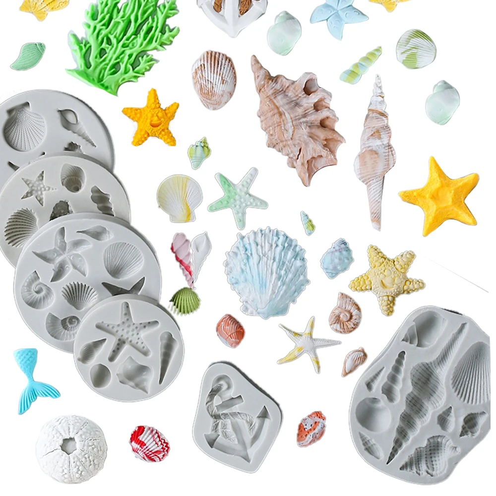 Kinds DIY Shell Starfish Conch Silicone Chocolate Mold Fish Mermaid Tail Fondant Cake Decorating Tools Clay Resin Art Moulds