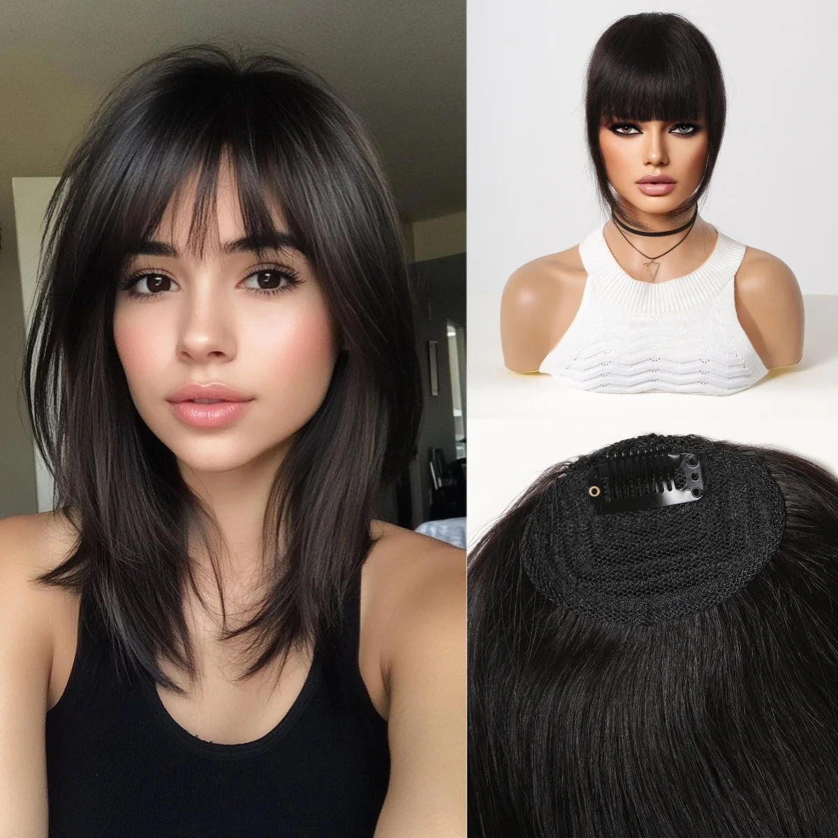 

Черные заколки для наращивания волос с челкой, шелковый топпер для прямых волос, натуральный, реалистичный, с истонченными волосами для женщин, ежедневное использование