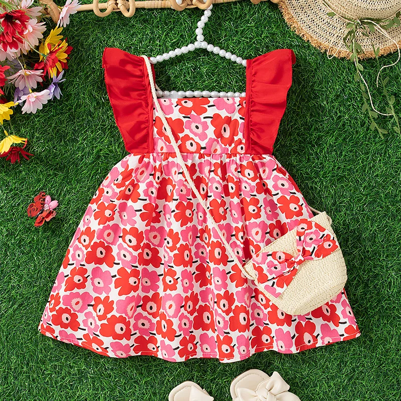 Summer New Small Floral Baby Girl Dress, Rural Style Children\'S Sleeveless Clothes With Free Bag (9 Months -3 Years Old)