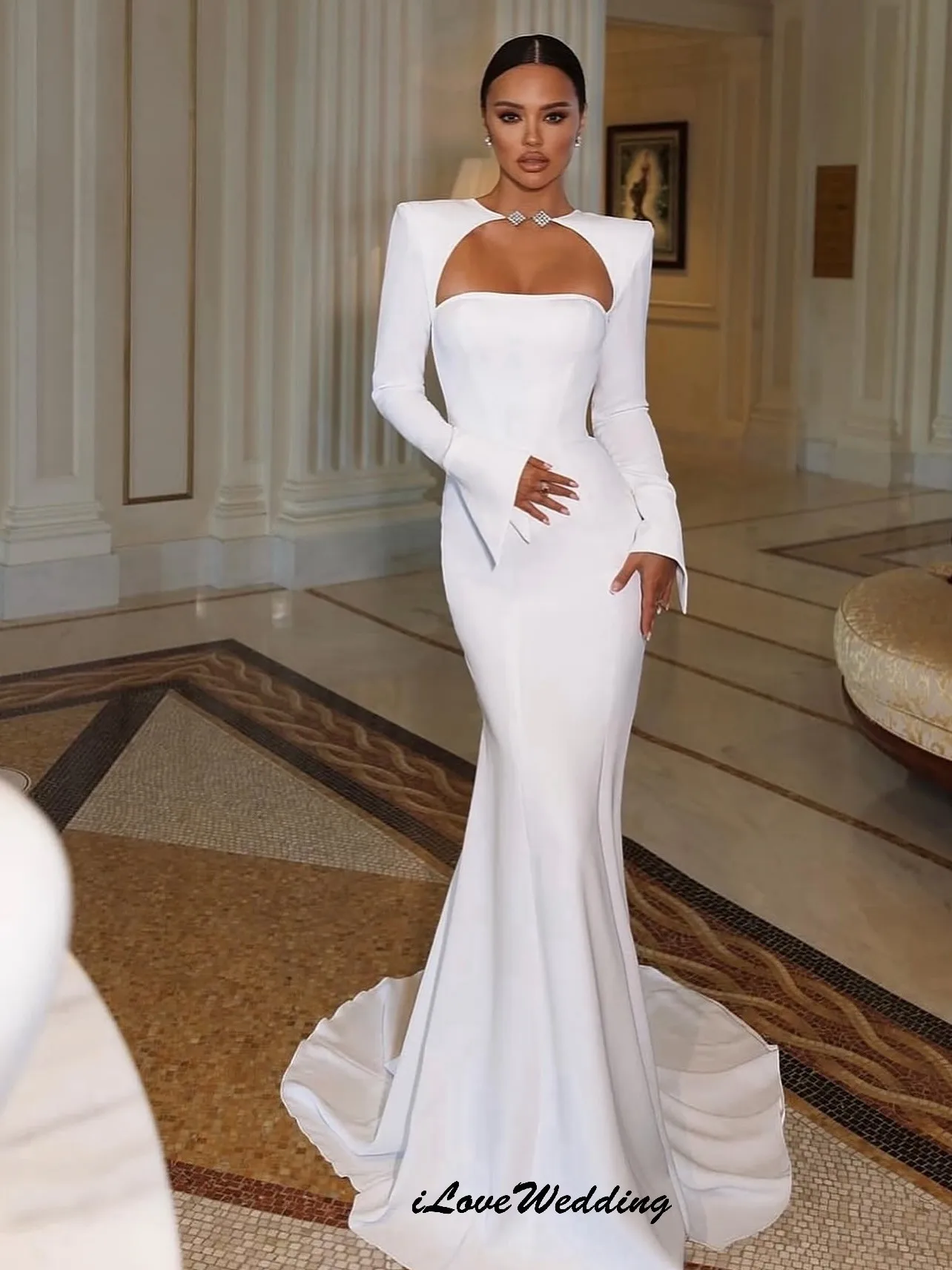 

Элегантное белое вечернее платье с длинным рукавом, длинные платья русалки для выпускного вечера, женское вечернее платье с вырезом и скользящим шлейфом, вечерние платья по индивидуальному заказу