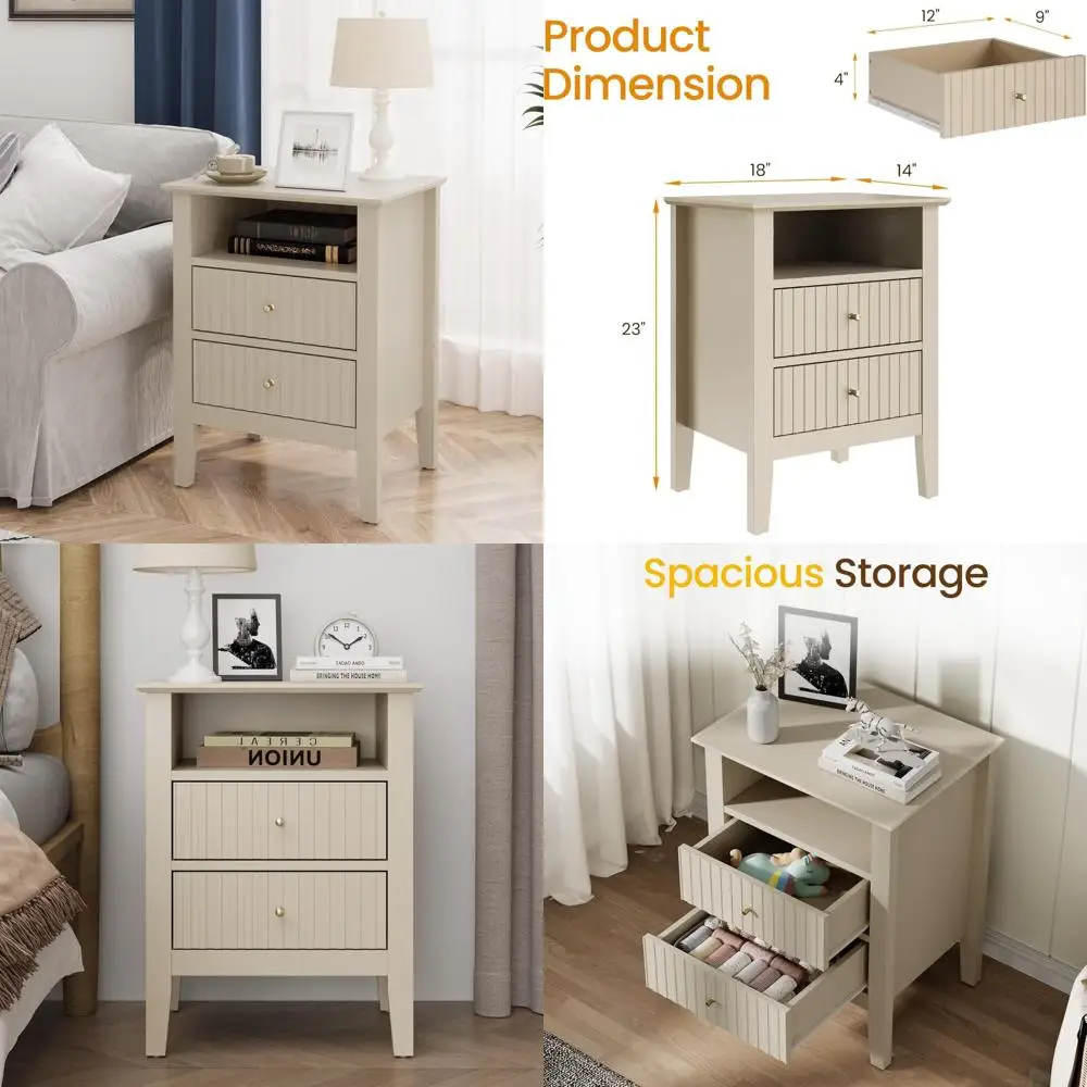

Современная рифленая тумбочка с 2 ящиками бежевого цвета для спальни, красочный деревянный торцевой столик с местом для хранения небольших помещений