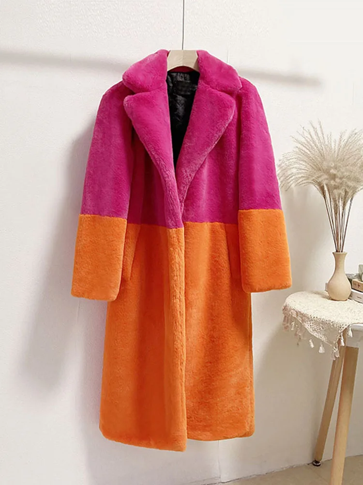 Zadorin Winter Vrouwen Furry Warm Faux Konijn Bontjas Lange Jas Vrouwen Gemengde Kleur Dikke Warme Oversized Vrouwelijke Pluche Jassen