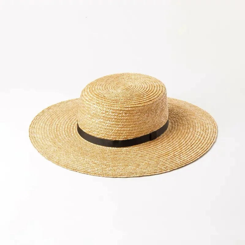 Women Wide Brim Boater Hat 5/7/10cm Brim Straw Hat Flat Women Summer White Black Ribbon Sun   Hat Beach Cap Sombrero Mujer Playa