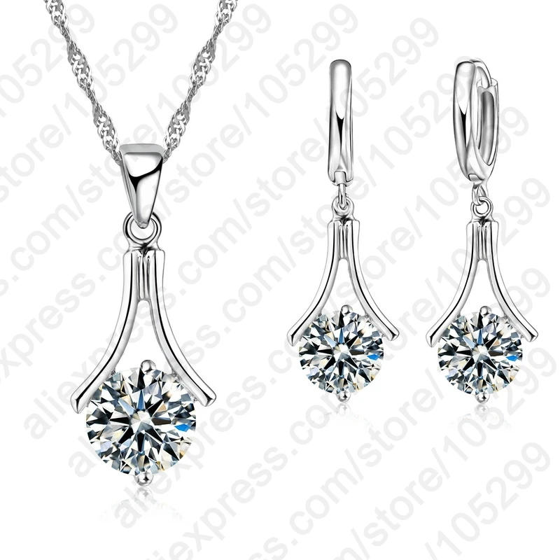 Latest Design 925 Sterling Silver Color Elegant Jewelry Cubic Zircon New Shape Necklaces Woman Drop Earring Wedding Set With Box