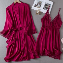 New Female Twinset Robe Set Sleepwear Sexy Lace Trim Suspender Nightgown Lingerie Summer Loose Satin Bathrobe Gown Home Dress