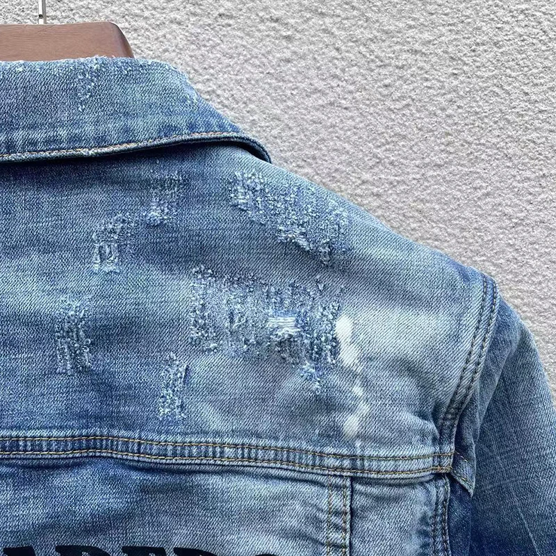 Men\'s denim jacket starbags dsq1902 punk hole torn paint, splashed ink, heavily washed patch, slim fit jeans coat rock jacket