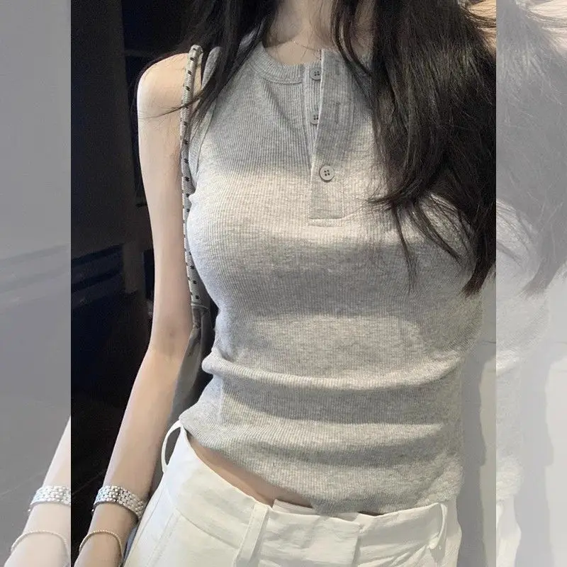 Chaleco ajustado sin mangas gris informal para mujer, pantalones de pierna ancha blancos, conjunto de 1 o dos piezas, camisetas sin mangas sólidas básicas de verano 2025, traje de pantalones