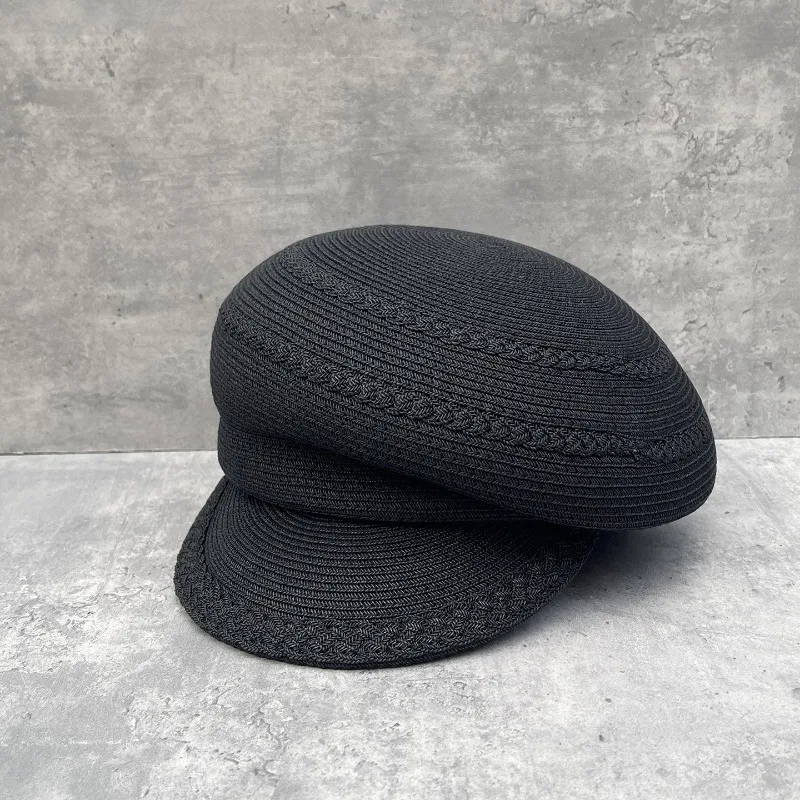 Women's Summer Braided Straw Newsboy Cap Structured Wide Brim Asymmetrical Hat