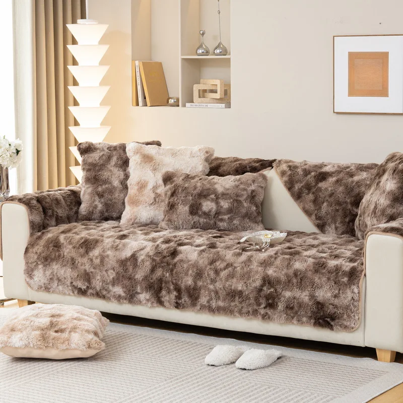 Colorful Winter Faux Rabbit Fur Sofa Cover 3 Seater Plush Corner Couch Slipcover Non-slip Super Soft Thick Furniture Protector