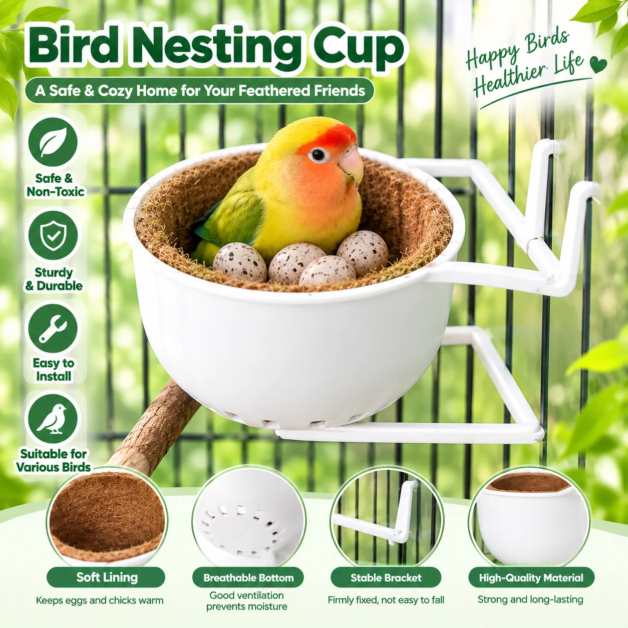 Bird Nesting Cup Bird Breeding Nest Bird Cage Accessories Parrot Nest House with Soft Lining for Lovebirds Parakeets Small Birds