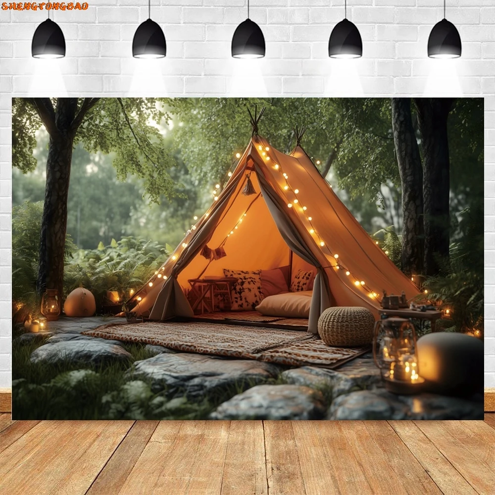 야외 캠핑 사진 배경 열대 정글 숲 텐트, 파티 장식, 어린이 성인 초상화 배경, 포토존 용품