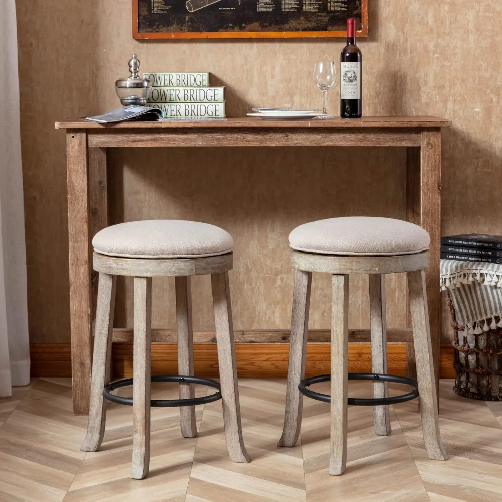 360 °   回転式バースツール 2 個セット、25.6 インチのファームハウスカウンターハイトスツール、無垢材の脚付き、モダンな背もたれのないバースツール