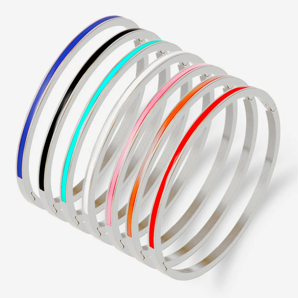 3mm Thin Colorful Orange Enamel Bangles Bracelets for Women Party Fashion Bangles 361L Stainless Steel Jewelry 7 Color