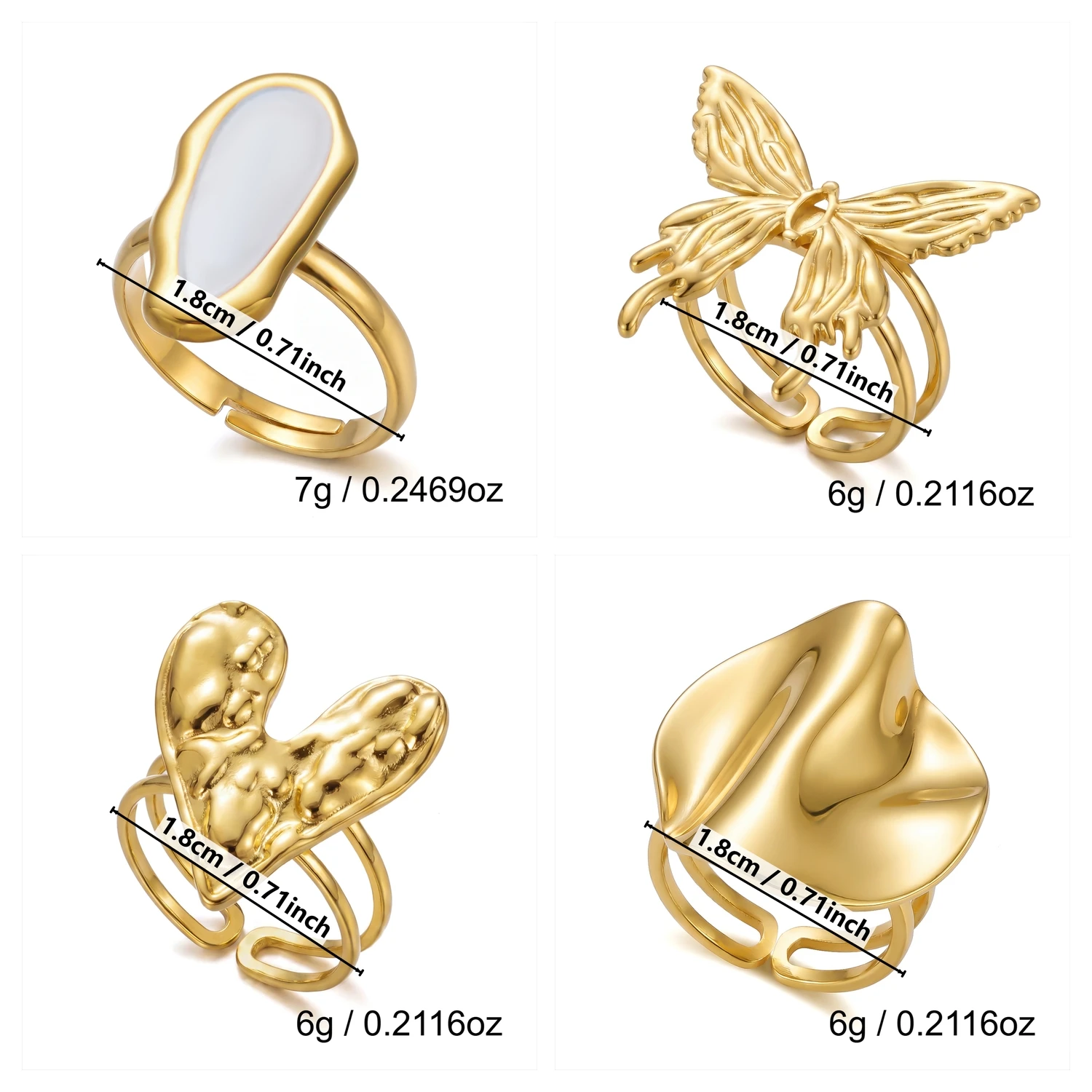 Zarte, vergoldete Edelstahl-Offenringe für Damen, Y2K, auffällige Schmetterlings- und Herzringe, unregelmäßige Ringe, Statement-Schmuck, wasserdicht – Detail 7