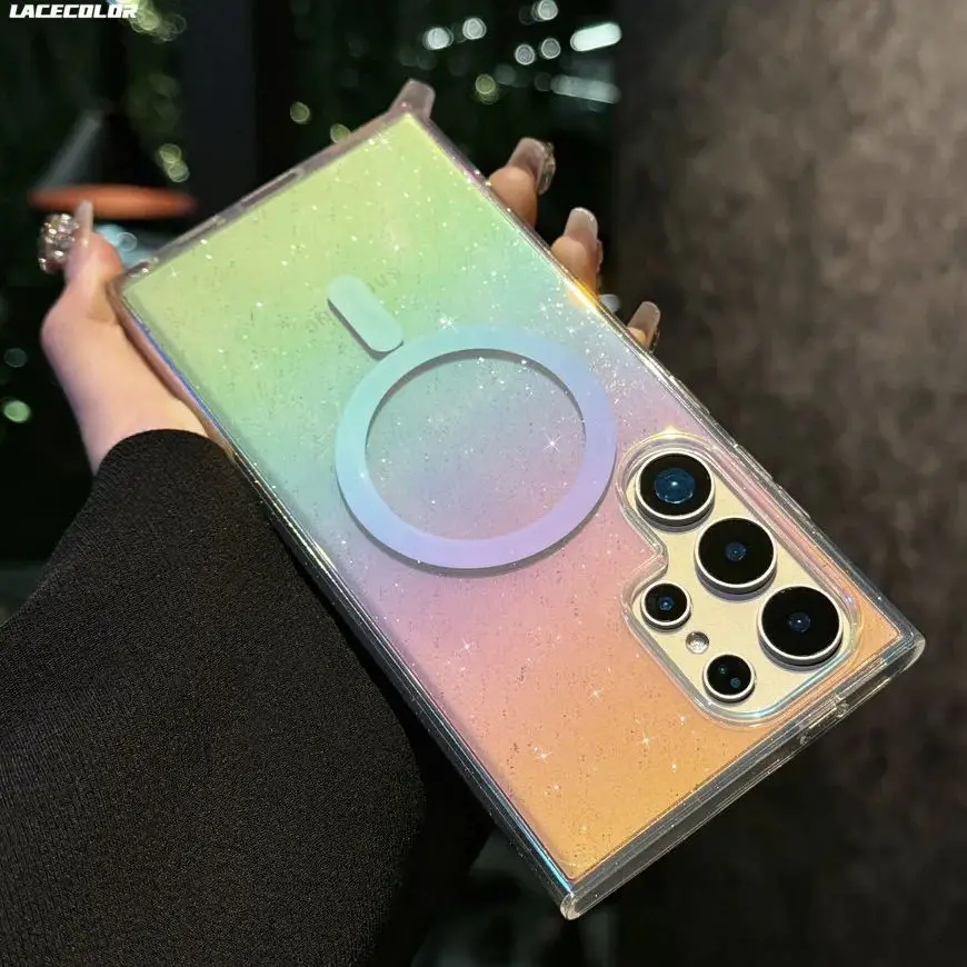 Glitter Degrade Lazer Gökkuşağı Magsafe Kılıf Samsung S25 S24 S23 FE S22 Artı Ultra Manyetik Bling Elmas Desen Kapakları