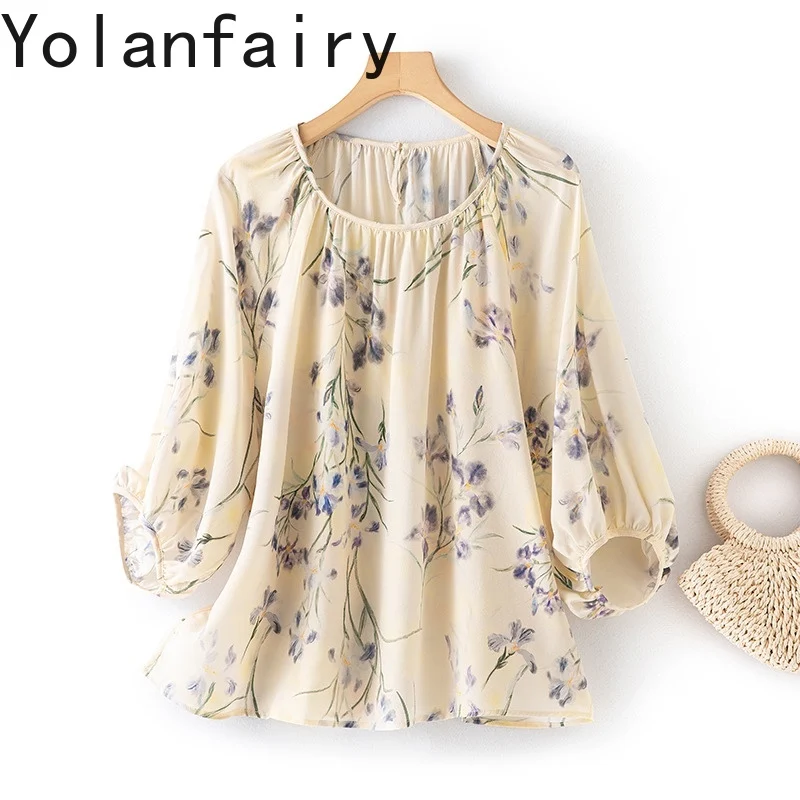 

YOLANFAIRY Fashion Printing 100% Mulberry Silk Summer Blouse Woman Elegant O-neck Lantern Sleeve Womens Tops Blouses T Shirt