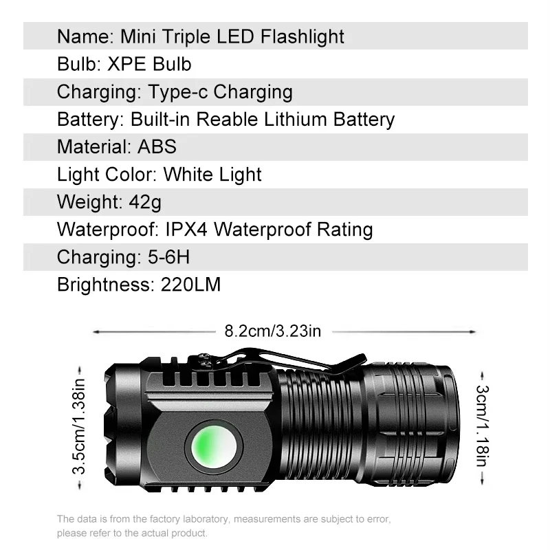 Mini Tactical Flashlight 3 LED Cores High Lumen USB Rechargeable Portable Torch with Magnetic Base for Outdoor Emergency