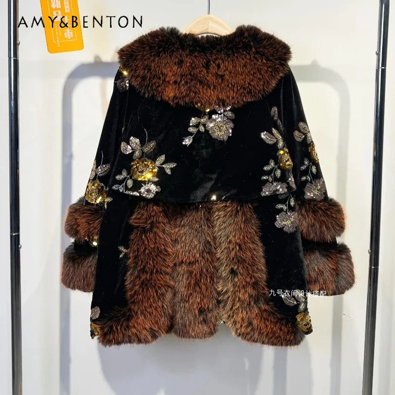 

2025 New Winter Warm Faux Fur Sequin Shearling Women's Coat Ins European Mink Fur Socialite Soft Comfortable Toka Woolen Jacket