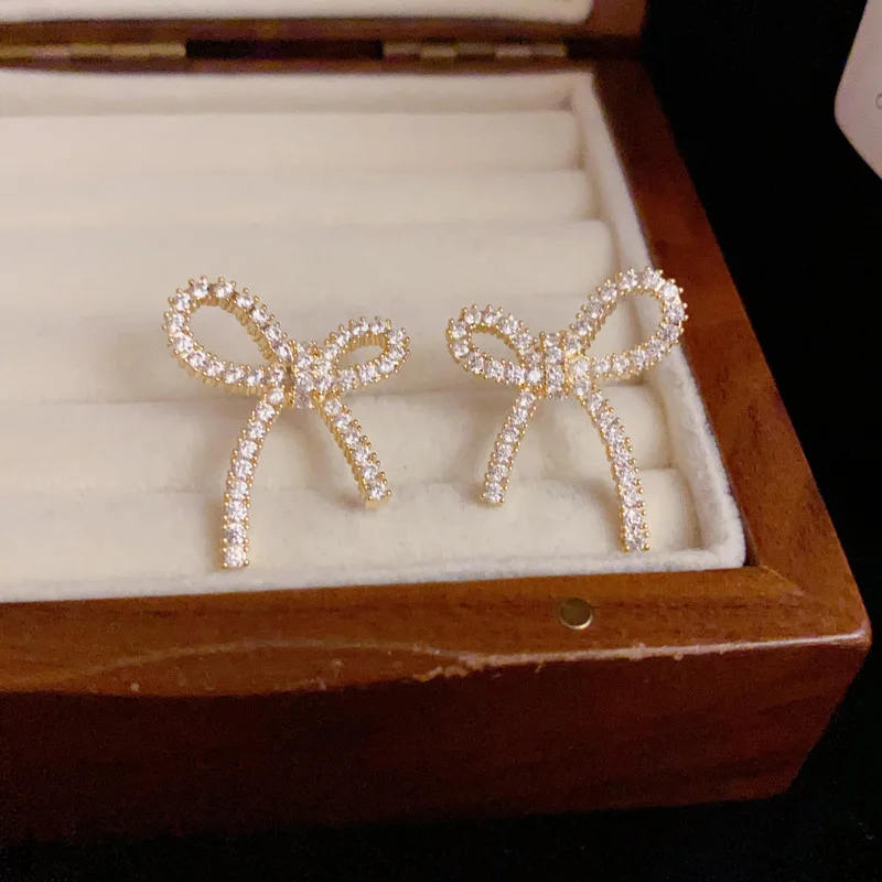

S925 Sterling Silver Bow Earrings for Women Micro Paved Zircon Studs Fashion Luxury Jewelry Gift Elegant Accessible