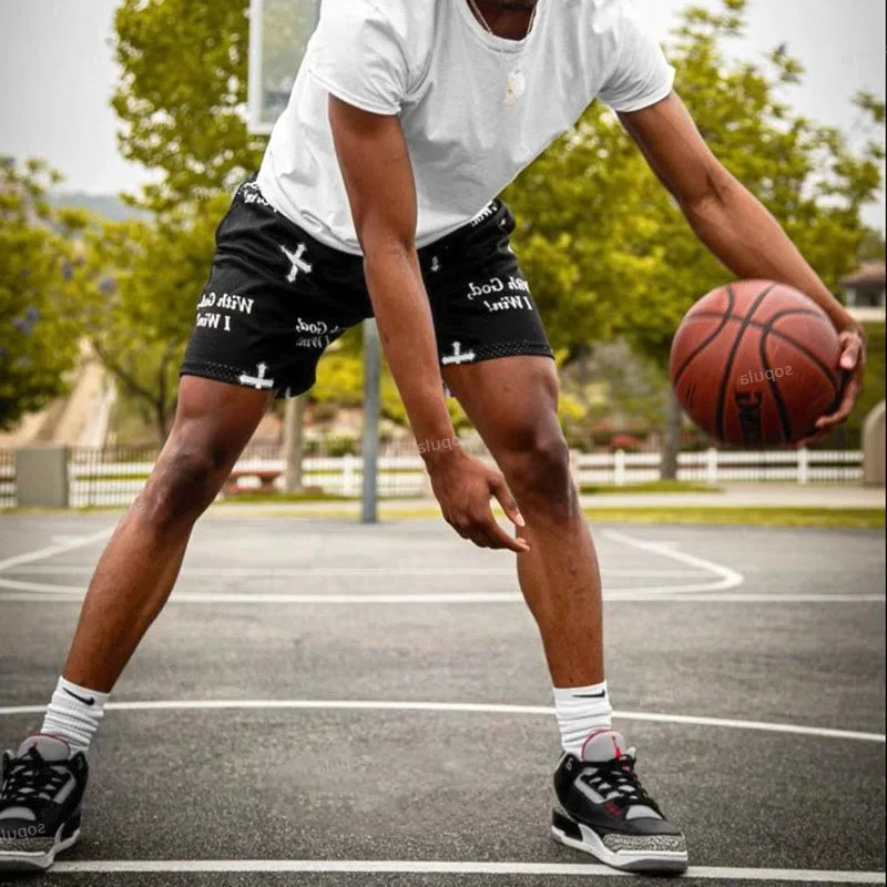 

Повседневные уличные шорты с интересным текстовым узором, свободные баскетбольные спортивные дышащие шорты для спортзала, мужские шорты для фитнеса и тренировок