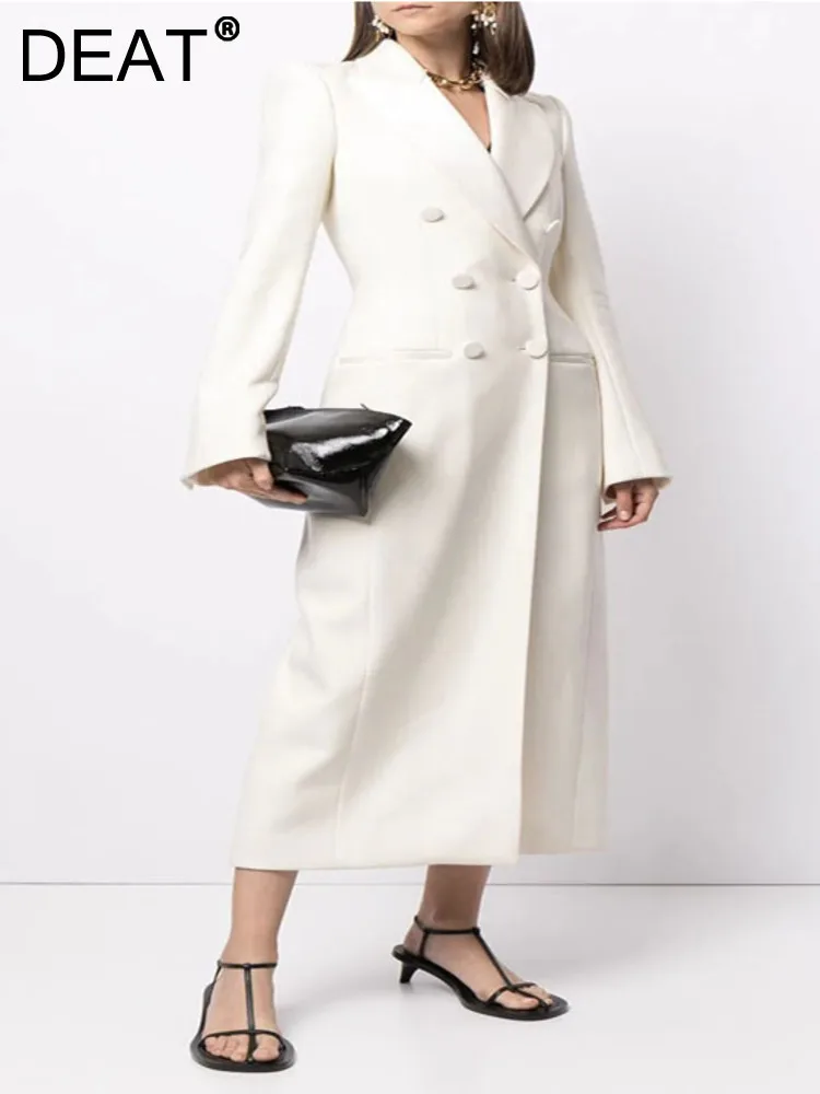 

DEAT Fashion Women's Trench Coat Notched Collar Double Breasted Long Slevee High Waist White Windbreaker Autumn 2024 New 7AB035