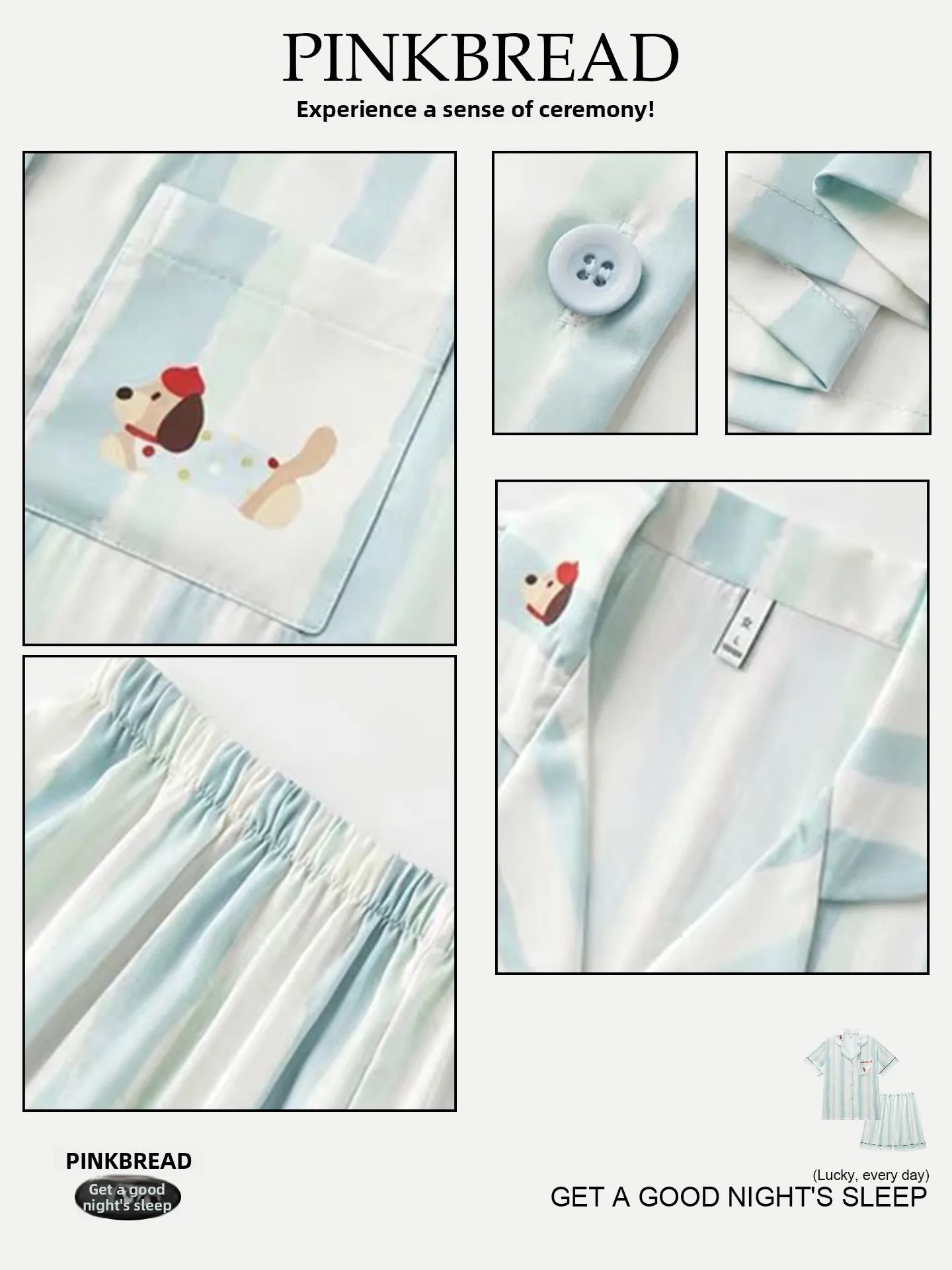 Blue Stripe Sausage Dog Couple Sleepwear Ice Silk Short Sleeve Home Clothes Cool Feeling Suitable for Outdoor Polyester Fiber