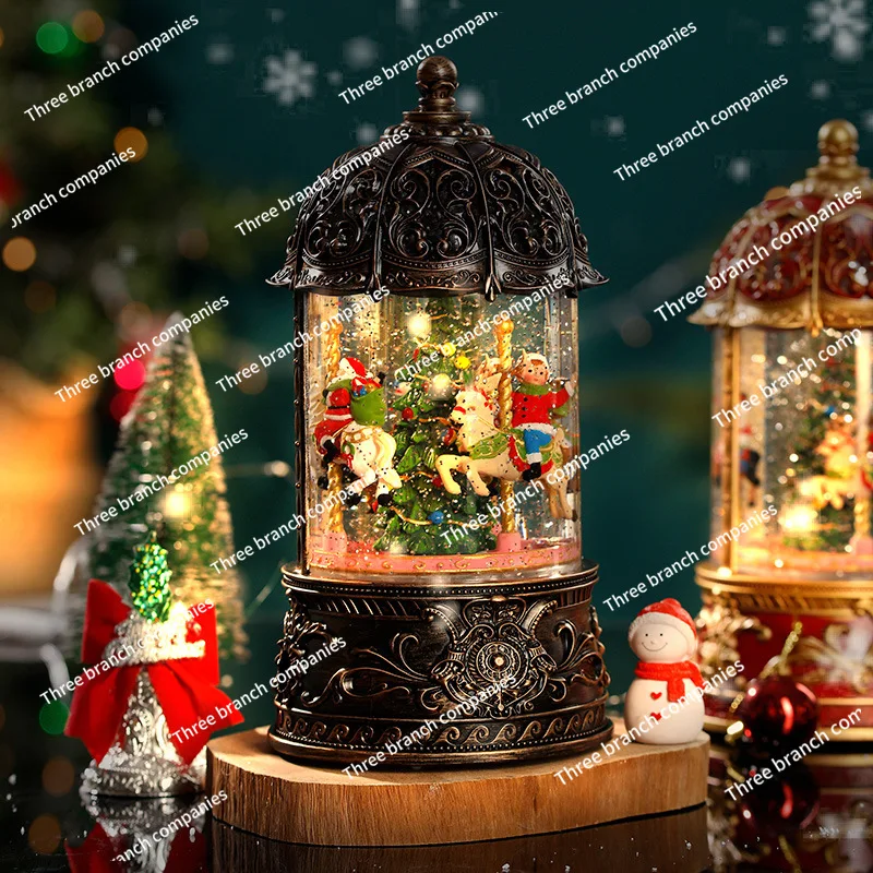 Christmas Decoration Retro Snow Music Box Scene Arrangement Ornament Carousel Music Box Atmosphere Gift