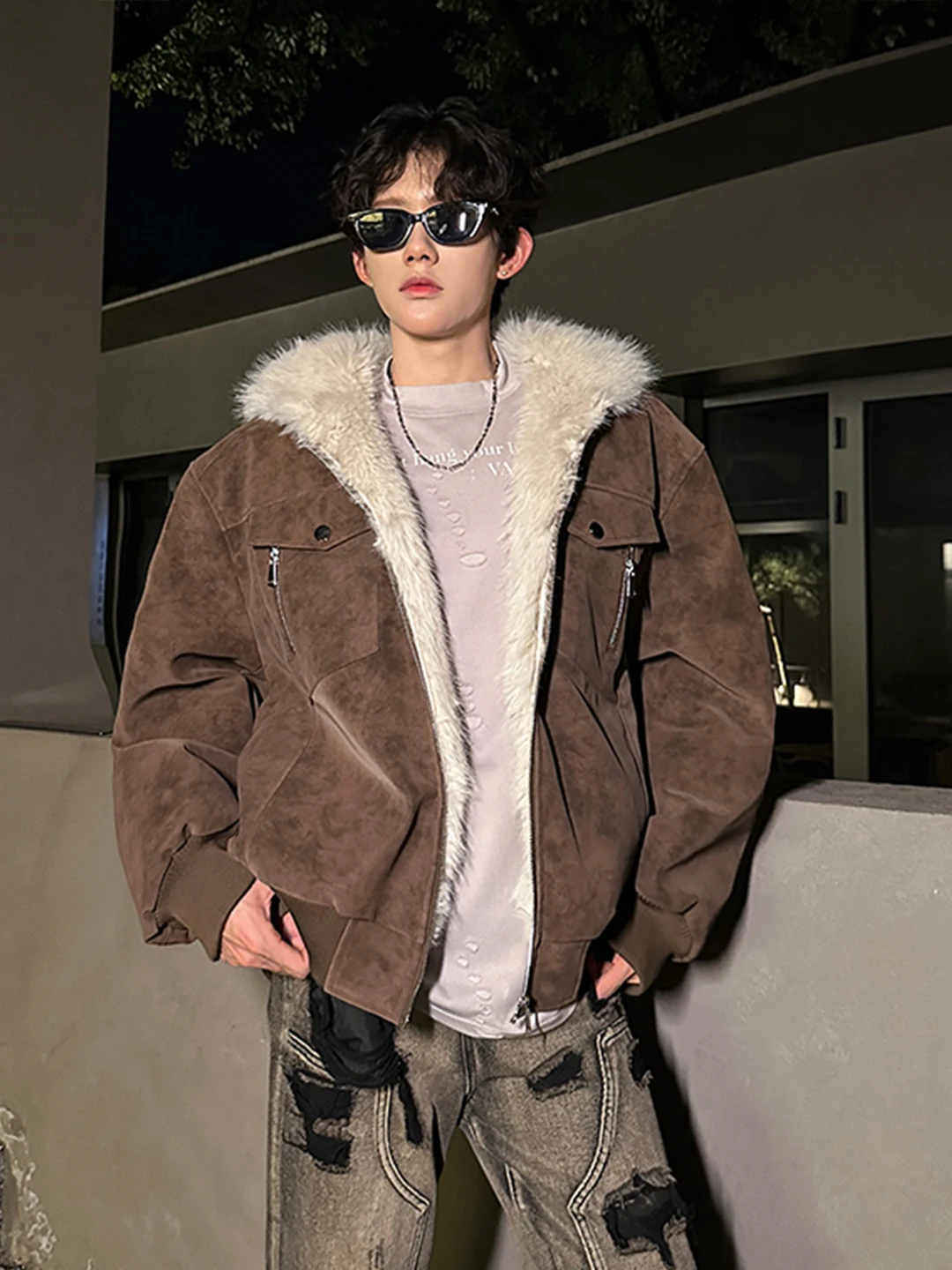 

Men's Thiened PU Leather Hooded Cotton Jaet Winter Warm Outerwear Casual Cleanfit Zipper Closure Color Faionable