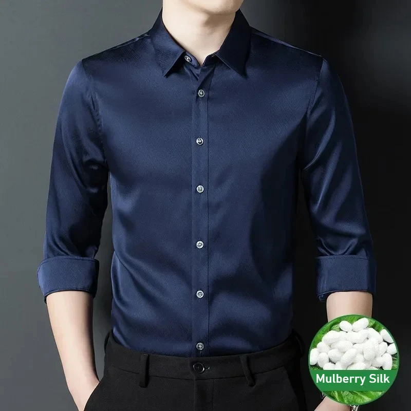 Men's Mulberry Silk Shirt Long Sleeve Men Satin Business Shirt  92.5% Real Silk Dress Shirt for Man