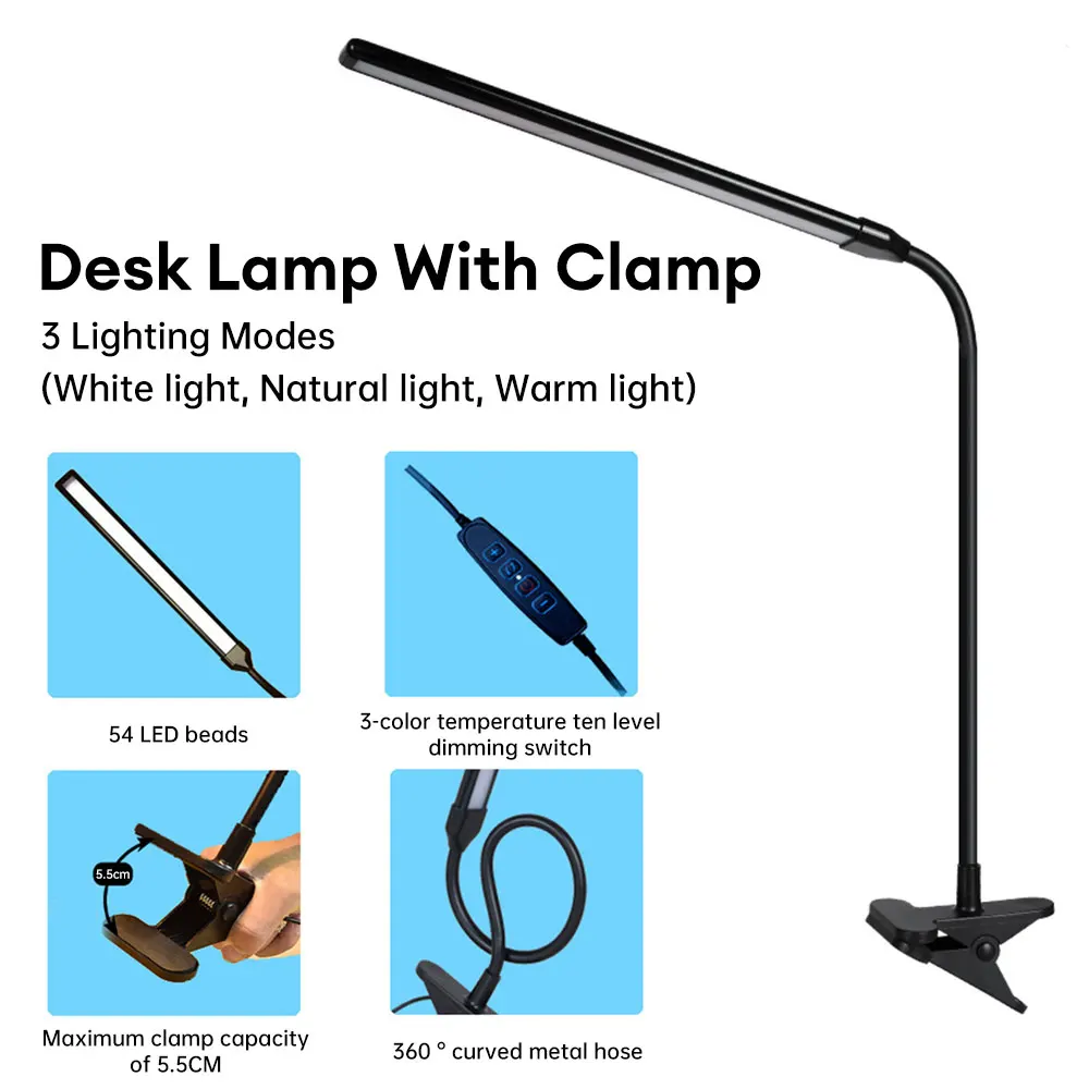 

LED Clip on Desk Light Flexible Gooseneck Reading Lamp Dimmable Clamp Lamp Eye Protection Book Light Home Office Work Study Lamp