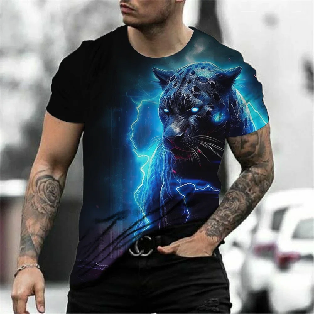 

3D Lightning Leopard Print T Shirt For Men Fashion Street Hip Hop Tees Summer Leisure O-neck Short Sleeve Tops Oversized T-shirt