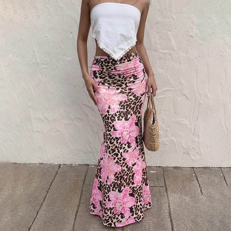 Women's Floral Leopard Print High Waist Ruched Mermaid Maxi Skirt Bodycon Slim Fit Elegant Casual Beach Daily Fashion Long Skirt