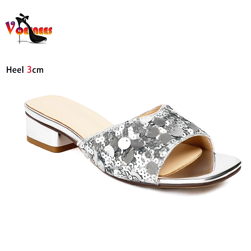 

Удобные тапочки на низком каблуке 3 см, домашняя обувь, модные женские сандалии с блестками и квадратным носком, летние повседневные туфли на высоком каблуке на открытом воздухе, большие размеры 46